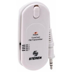 Transmisor FM de 4 canales con cable para adaptarse a cualquier reproductor con salida para audífonos. Funciona con pilas